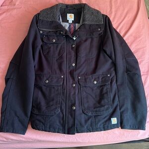 Black Carhartt duck blanket lined shearling collar chore coat size small
